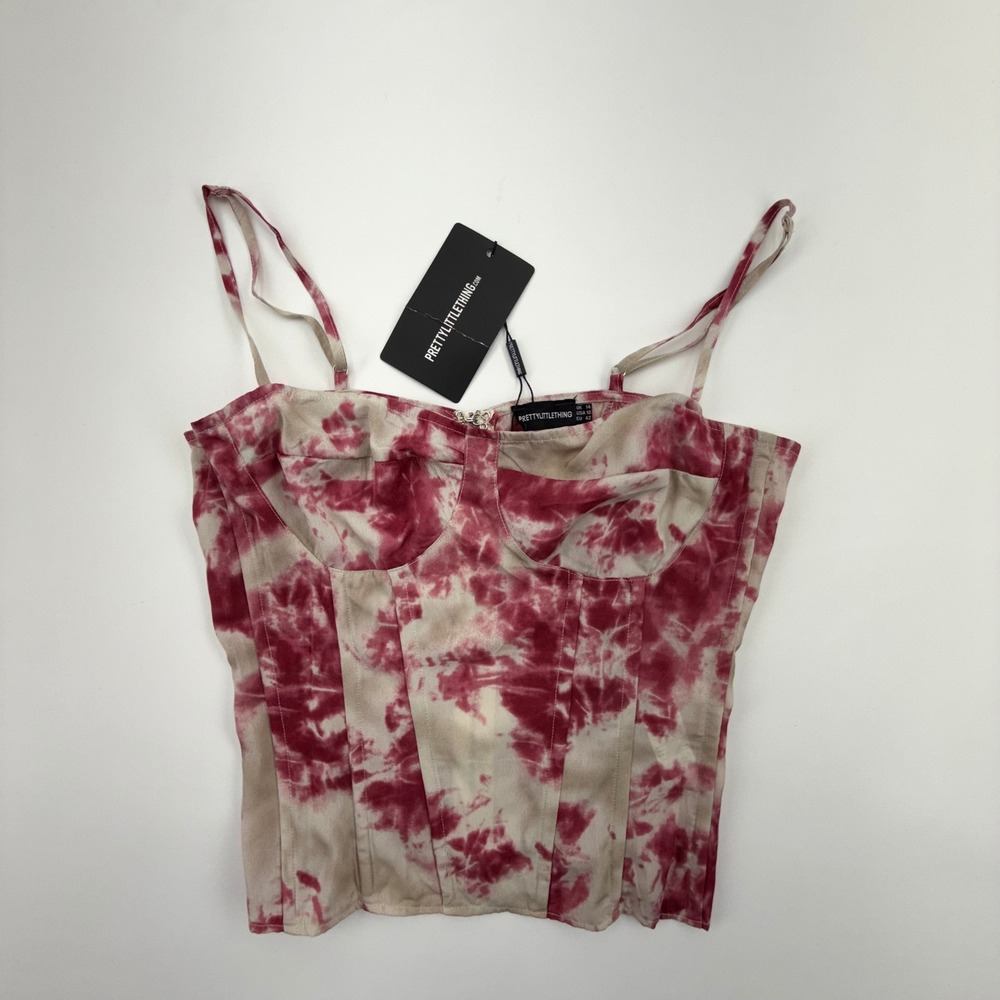 PrettyLittleThing Tie Dye Corset Top Burgundy Cream Bustier Camisole USA 10 NWT